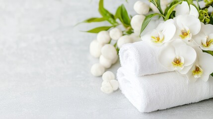 Spa setting with white towels and orchids