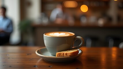 Obraz premium Cup of latte art with cake on wooden table in cafe, coffee shop. Cozy and warm atmosphere. Latte, coffee, beverage