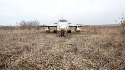 Weathered airplane in dry grass field under overcast sky