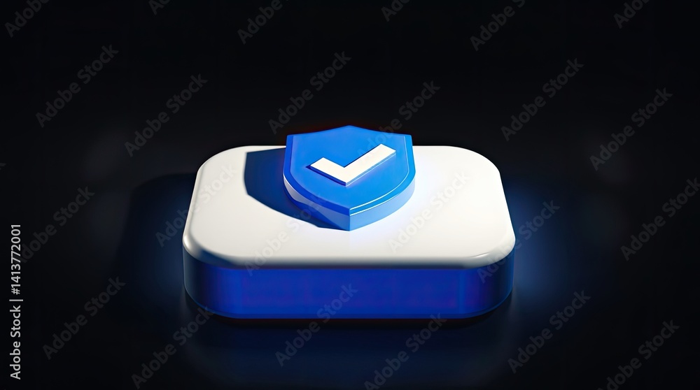 Poster illuminated white button with a blue shield and checkmark.