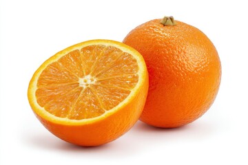 Fresh Whole Orange and Halved Orange Isolated on White Background