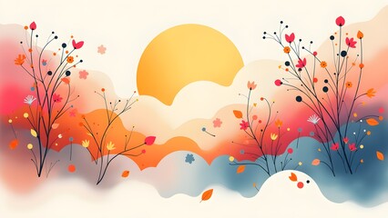 Artistic Floral Garden with Sunset Sky: Decorative Blooms and Leaves in Vibrant Colors, Graphic Illustration