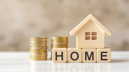 Wooden House Model with Coins Representing Home Investment and Savings