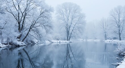 Serene Winter River: Snow-Covered Trees and Misty Reflections