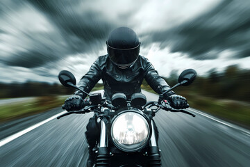 Fototapeta premium Motorcycle Rider in Motion: A lone motorcycle rider, clad in black attire, fearlessly speeds down a blurred road beneath an overcast sky, embracing the thrill of the ride and the open road.