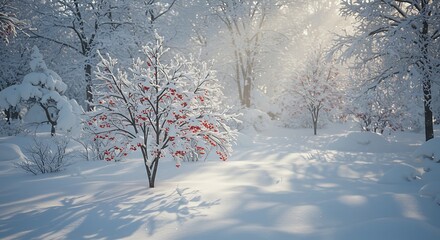 Winter Wonderland: Snow-Covered Trees and Red Berries in Serene Sunlight