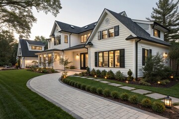 Modern farmhouse exterior with white siding, black window frames, and a front yard garden. Suburban house design with a paved pathway and outdoor lights.