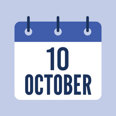 10 October Calendar, Isolated Vector Calendar.