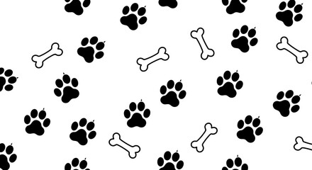 Fototapeta premium Playful Paw Prints and Bones: A Simple Black and White Pattern