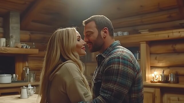 Couple embracing in rustic cabin kitchen.