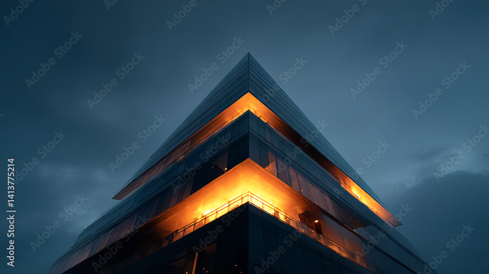 Poster modern architecture building design with blue sky background and illuminated orange lights facade vi