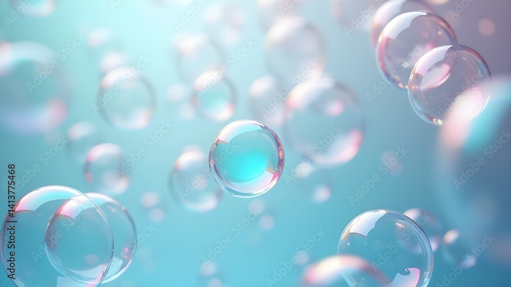 Poster abstract floating soap bubbles with iridescent sheen on soft pastel gradient background