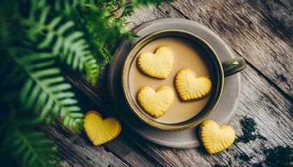A cup of coffee with heart-shaped cookies, surrounded by greenery, on a rustic wooden table