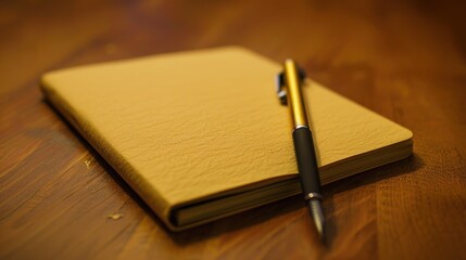 Beige leather notebook and gold pen on wooden table