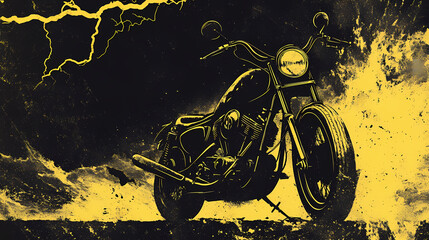 Thunderbolt Ride: A sleek black chopper motorcycle races against a storm-filled sky, with vibrant yellow lightning bolts streaking across the dark background, creating a dramatic and powerful image. 