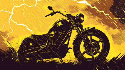 Riding Through the Storm: A powerful motorcycle fearlessly navigates through a raging storm, depicted in a captivating illustration style, capturing the raw energy and thrill of the open road.