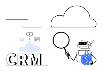Robot assistant holding magnifying glass near cloud and dollar sign with CRM and analytics symbols. Ideal for data analysis, CRM solutions, cloud computing, AI integration, finance, sales