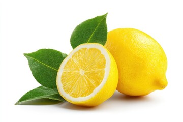 Fresh Lemon Still Life with Half Cut Lemon and Green Leaves