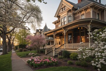 Victorian-style home exterior with ornate woodwork, a covered porch, tall windows, and a blossoming front yard. Traditional architecture captured during golden hour.