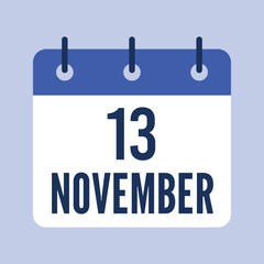 13 November Calendar, Isolated Vector Calendar.