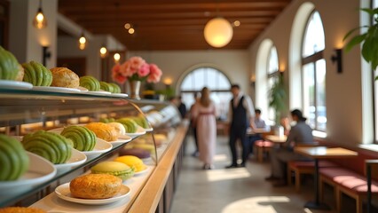 Elegant Bakery Display with Delicious Pastries and Customers in a Stylish Cafe Interior