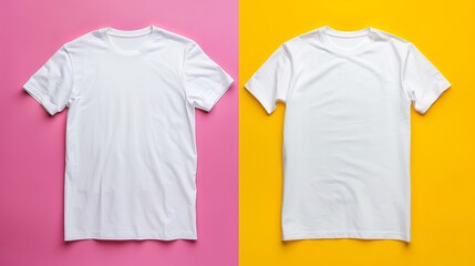 Two White T-Shirts Mockup on Pink and Yellow Background, Blank Plain Tees Design Presentation