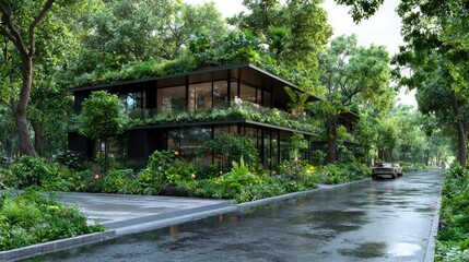 Naklejka premium Lush green house in verdant forest tranquil nature escape