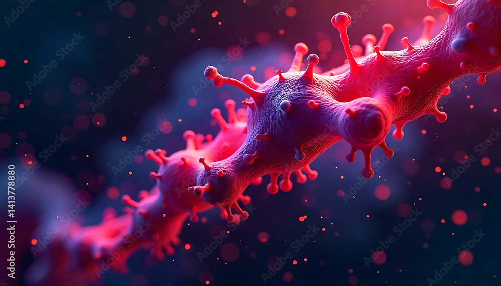 Poster close up of a pink virus cell with spikes on a dark background with red bokeh effect around it