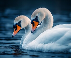 A close-up of two swans facing each other on the water, their heads tilted towards one another as if having a conversation. The background is dark and blurred to focus attention on them. They have whi