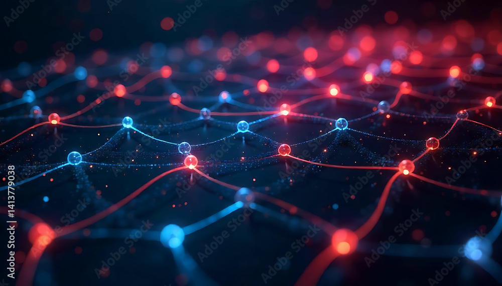 Poster a network of red and blue spheres connected by lines on a dark background with bokeh effects present