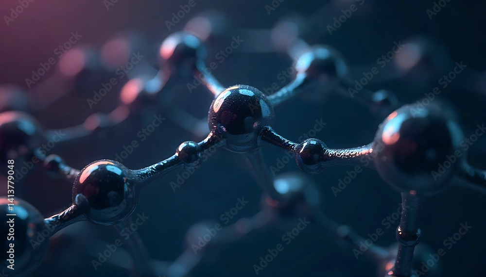 Poster a close up view of a molecular structure with shiny spheres and connecting lines in dark lighting