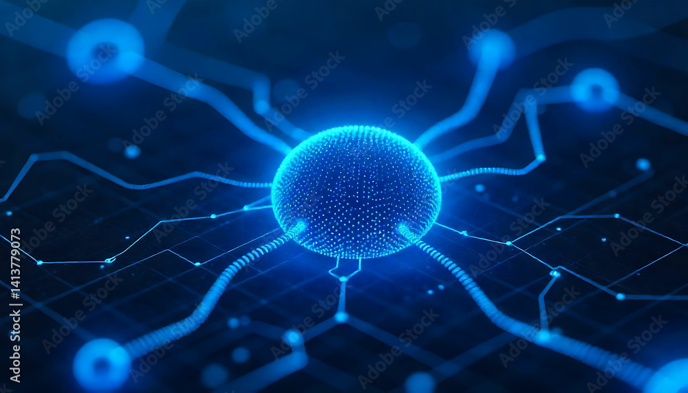 Poster glowing blue sphere with radiating lines and connections in a digital network concept design