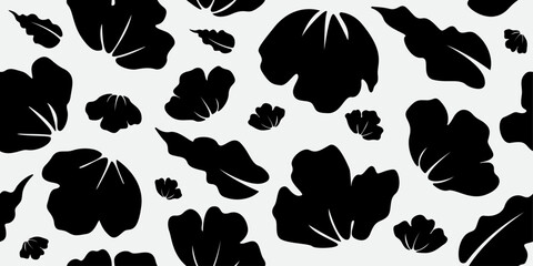 Flowers silhouette seamless hand drawn pattern. Minimal flower illustration background. Black and white  background. textile for design, postcard, wallpaper, covers, card, banner, backdrop and poster.