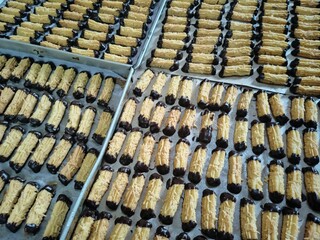 Chocolate Almond Cookies Lined Neatly on a Baking Tray