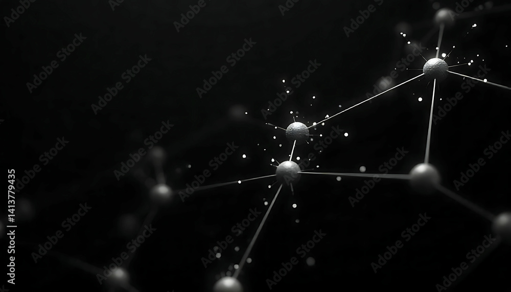 Poster a monochrome depiction of interconnected spheres with glowing particles in a dark background