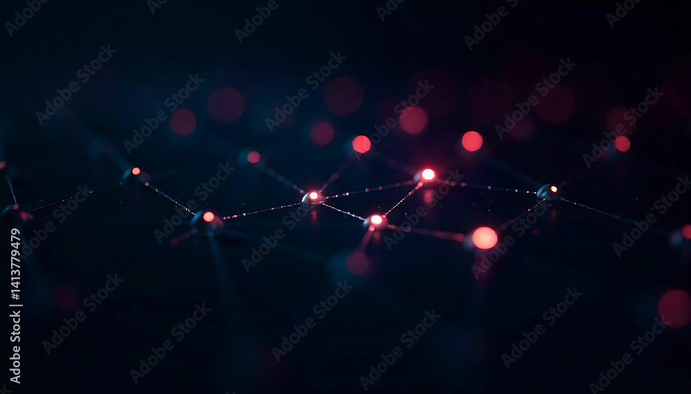 Poster abstract network with red and blue lights connecting nodes in a dark and blurry background