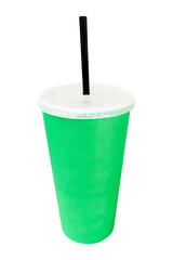 green plastic cup with straw isolated on white