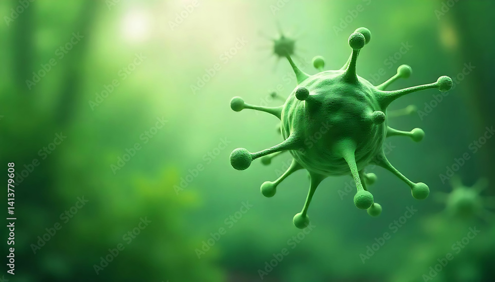 Poster close up of a green virus cell with spikes on a blurred green background in a microscopic view