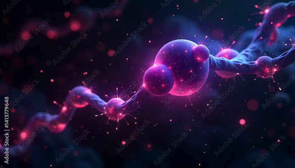 Poster a close up view of a string of cells with glowing pink and blue accents in a dark background
