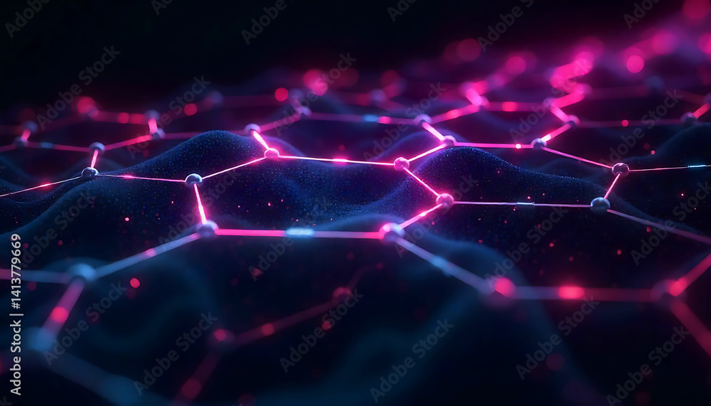 Poster a futuristic network with pink and blue lights connecting nodes on a dark undulating surface
