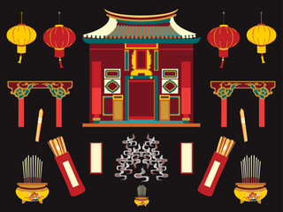 Chinese Temple Assets Chinese elements set. Traditional Asian assets, ancient temple, Flat vector illustration isolated. Religion Buddhism