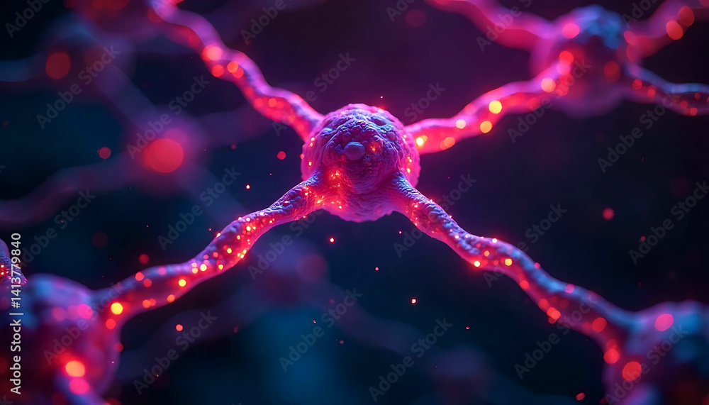 Poster close up of interconnected network of cells with glowing red and blue lights in a dark environment