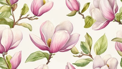 Watercolor magnolia blossoms seamless pattern.