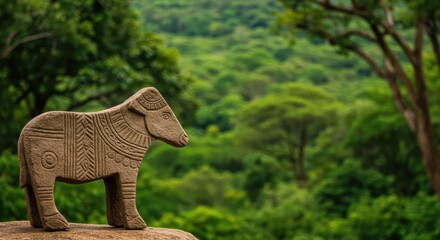 Fototapeta premium Ancient Stone Cow Statue Against Lush Green Tropical Forest Backdrop