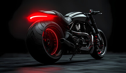 Futuristic Motorcycle Design: Sleek, dark motorcycle showcased with futuristic design, illuminated by vibrant red lights, set against a moody, dark backdrop.