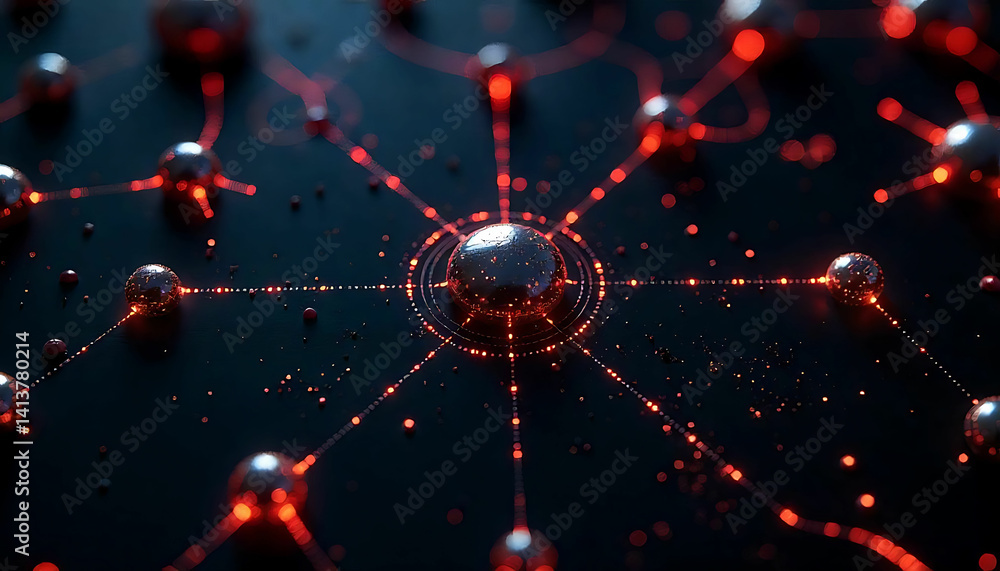 Poster a close up view of a network of spheres connected by glowing red lines on a dark background
