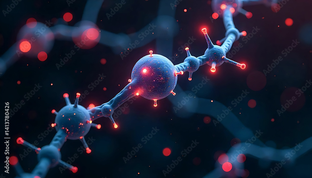 Poster a detailed close up of neuron cells connected with red highlights on a dark blue and black backgroun