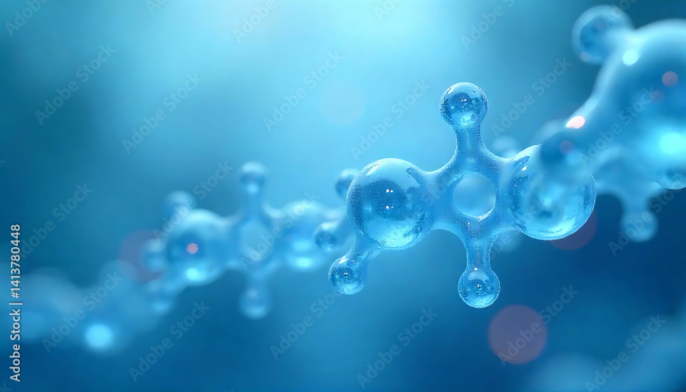Poster a close up of a blue molecule structure with a blurred background and bright highlights on the surfa