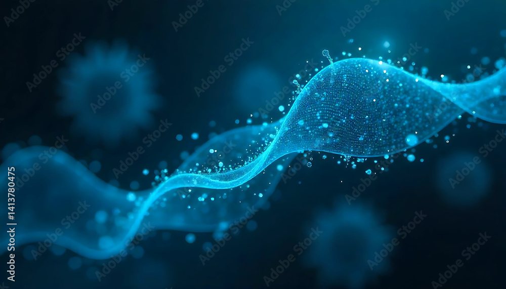 Poster a blue abstract wave with many small spheres floating around it in a dark blue gradient background
