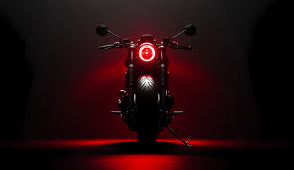 Red Motorcycle Headlight: A close-up shot of a sleek black motorcycle with its distinctive red headlight illuminated against a dark backdrop, a striking visual that exudes speed.